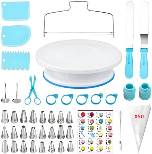 93 Pcs Cake Decorating Kit with Cake Turntable,Cake Leveler,24 Numbered Icing Tips,2 Spatulas,2 Coupler,3 Comb Scrapers,Flower Nail & Lifter Scissor,50 Disposable Pastry Bags