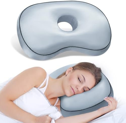 Ear Piercing Pillow for Side Sleepers with an Ear Hole for CNH and Ear Pain Ear Inflammation Pressure Sores, Cotton and Polyester Adjustable Filling Washable Ear Guard Pillow (Light Gray Silk)