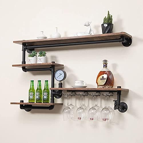 Industrial Pipe Shelves Wine Rack Wall Mounted with 4 Stem Glass Holder,Bar Shelves 39in Metal Hanging Wine Rack, Rustic Floating Pipe Shelf, Living Room Kitchen Decor Display Rack