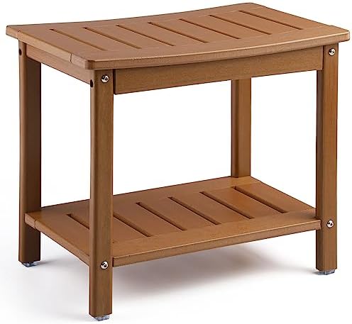 HDPE Shower Bench, 2-Tier Spa Stool with Storage Shelf, Non-Slip & Water Resistant Shower Seat (Teak L Size)