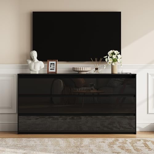 Black TV Stand, Storage Cabinet with 9 Drawers for Bedroom Modern Large High Gloss Cabinet for Living Room Office(63" W)