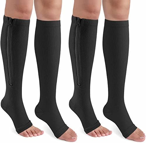 CASMON 2 Pairs Zipper Compression Socks for Women & Men, 15-20 mmHg Open Toe Knee High Support Socks with Zipper for Varicose Veins Edema