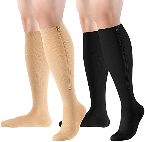 Zipper Compression Socks Close Toe 2 Pairs for Women&Men 15-20mmHg Knee High Support Socks for Running Cycling