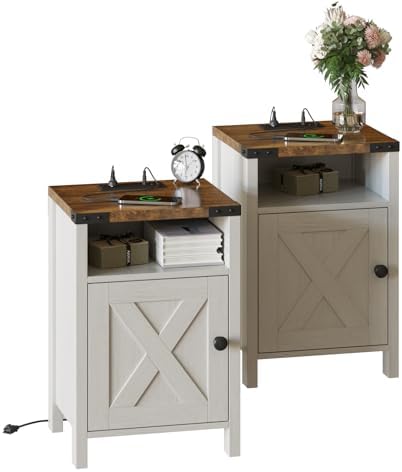 Fameill Farmhouse End Tables Set of 2, Nightstands with Charging Station, Bedside Tables with Barn Door and Open Compartment, Rustic Living Room Bedroom Side Table, Modern White