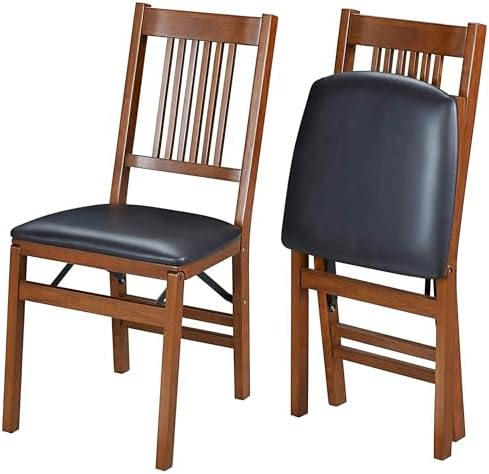 MECO Stakmore True Mission Wooden Folding Chairs with Padded Seats, Set of 2 - No Assembly Foldable Dining Chairs, Steel Folding Mechanism, Upholstered Cushion, Space-Saving, Fruitwood Frame