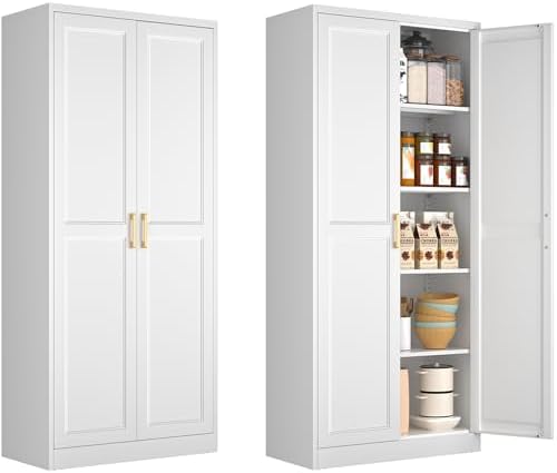 White Kitchen Pantry Cabinet, 71 Inch Tall Metal Storage Cabinet with Doors and Shelves, Pantry Cabinets for Kitchen Storage, Freestanding Cupboard for Living, Dining Room, Assemble Required