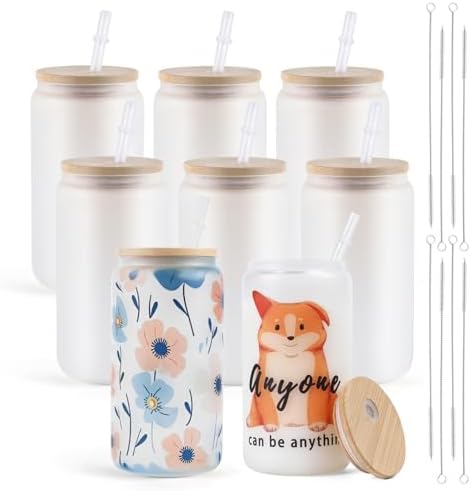HTVRONT 8 PCS Frosted Glass Cups - 16oz Sublimation Blanks with Bamboo Lid - Perfect for Painting, HTV Vinyl Crafts