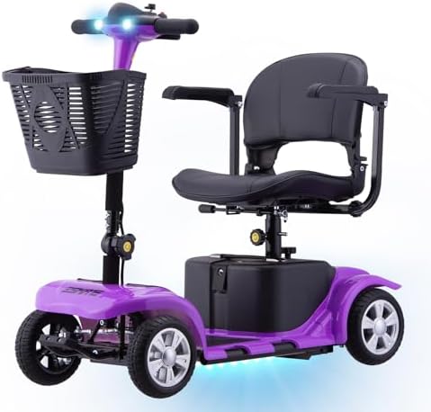Mobility Scooter for Adults, Senior, Skmc 4 Wheels Electric Powered Chargeable Device for Travel, Lightweight and Portable, with LED Headlights and Basket, Charger Included, Red/Blue (Purple)