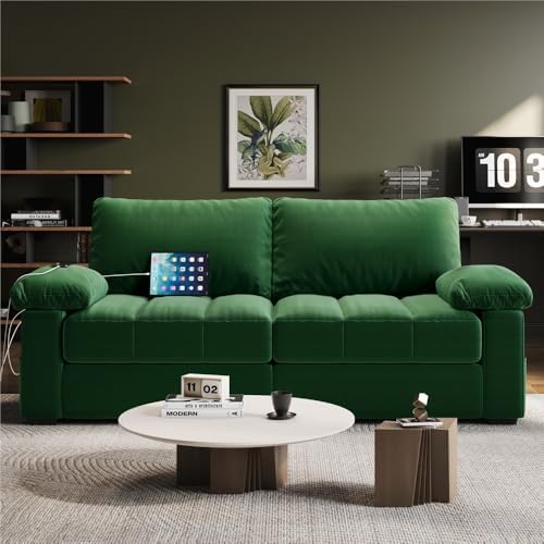Yaheetech 79" Velvet Couch, Comfy Sofa with Pocket Coils, Deep Seat, Storage Pockets and USB Ports, 2 Seater Modern Loveseat Sofas with Removable Cover, Pillow Top Arms for Living Room Apartment Green