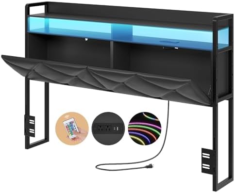 Headboard Queen Size with 2-Tier Open Space and Pull-Out Hidden Storage, Upholstered Headboard with Charging Station, Height Adjustable Sturdy Queen Bed Head Only, Easy Assembly, Black