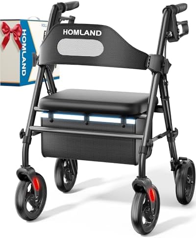 Foldable Rollator Walkers with Seat for Seniors, 8'' Big Wheels, 350 lb. Weight Capacity, Adjustable Handles and Seat Height, Lightweight Rolling Walker, Black