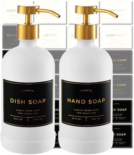 16oz Glass Soap Dispenser with Stainless Steel Pump, 21 Waterproof Labels, Non-Slip Protective Silicone Pad, Set of 2 for Bathroom & Kitchen (Matte White Bottle/Brushed Gold Pump)