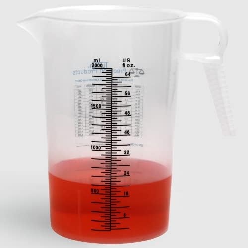 Half Gallon 64oz (2 quart) Measure Pitcher- Conversion Chart-Strong Food Grade - Resistant to Chemicals- Great for Lawn, Pool & Spa, Ag, Home Hobbies, Lye, Cooking, Shop Motor Oil Fluids Made In USA