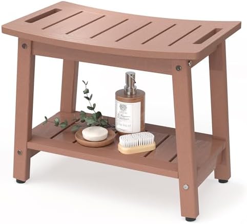 Shower Bench for Inside Shower, Teak-Color HDPE Shower Stool Waterproof, Spa Bathroom Seat Chair with Handle, Storage Shelf & Adjustable Feet - Indoor/Outdoor, Weather Resistant