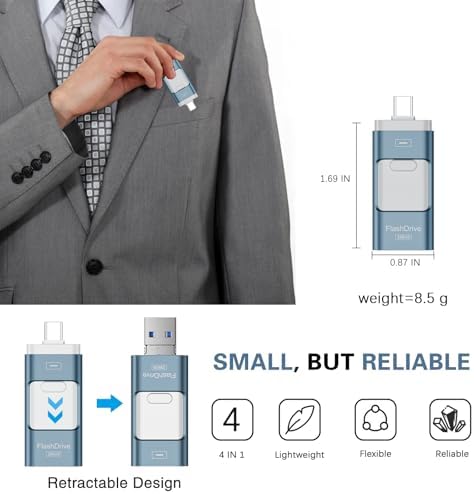 Flash Drive for iPhone 256GB, 4 in 1 USB Type C Memory Stick, Photo Stick External Storage Thumb Drive for iPhone iPad Android Computer, Sky Blue