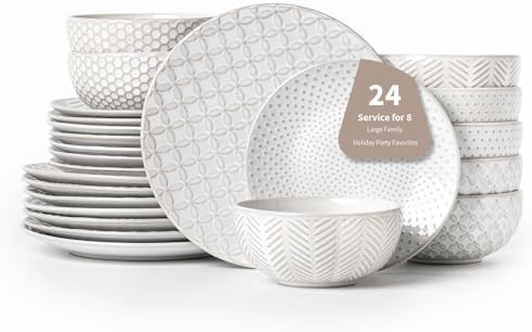 24 Piece Dinnerware Sets for 8, Premium Stoneware Plates and Bowls Sets, Microwave & Dishwasher Safe, Elegant Dishes for Entertaining & Special Occasions – A Stunning Gift for Large Families