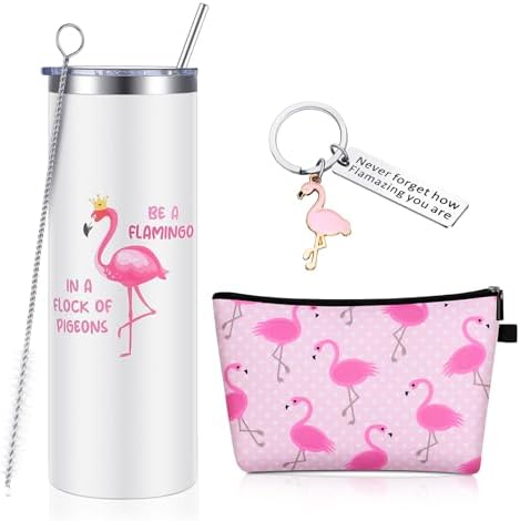 3 Pcs Animal Themed Gifts for Women Including Cute Stainless Steel Wine Tumbler with Straw and Brush 8 Hair Ties and Cosmetic Bag(12 oz,Flamingo)