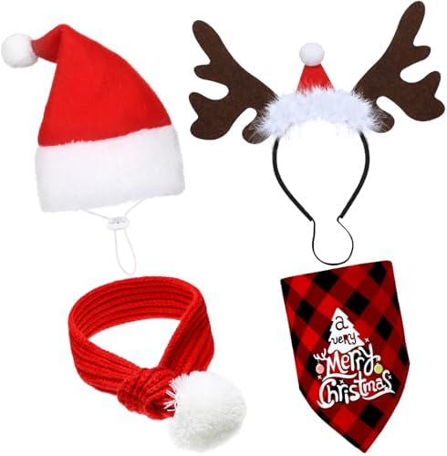 4 Pcs Adjustable 3D Christmas Dog Santa Hat, Christmas Classic Buffalo Plaid Pets Scarf, Reindeer Antlers Headband with Ears Pet Costume Accessories for Dogs and Cats(Funny Style)