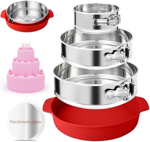 4, 7, 9 Inches Springform Pan Set - 304 Stainless Steel Nonstick Leakproof Springform Cake Pan Set with Removable Bottom, 10 Inch Silicone Cheesecake Pan Protector with 60 Pcs Parchment Paper