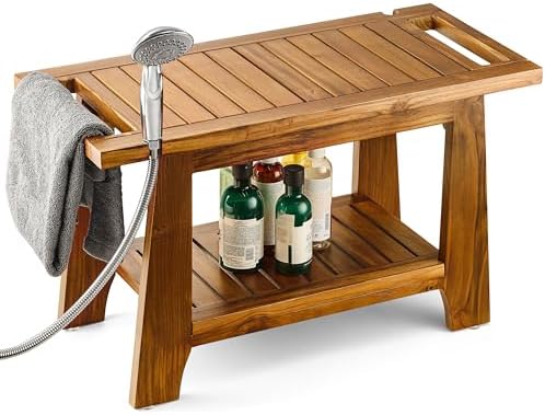 TINAMO 28" Teak Shower Benches for Inside Shower - Wooden Shower Stool Waterproof for Shaving Legs - Bench Seat with Storage Towel Shelf for Bathroom - Chair Spa Bath Nail Shave (Teak Wood 28 Inch)