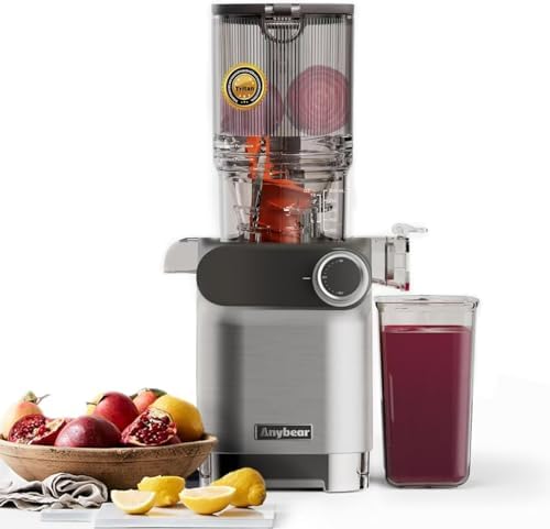 Cold Press Juicer, Anybear 200W Slow Masticating Juicer 4.3" Large Feed Chute Fit Whole Fruits Vegetables | Heavy-Duty Auger | Tritan Material | BPA Free | Juice Recipes (Silver)