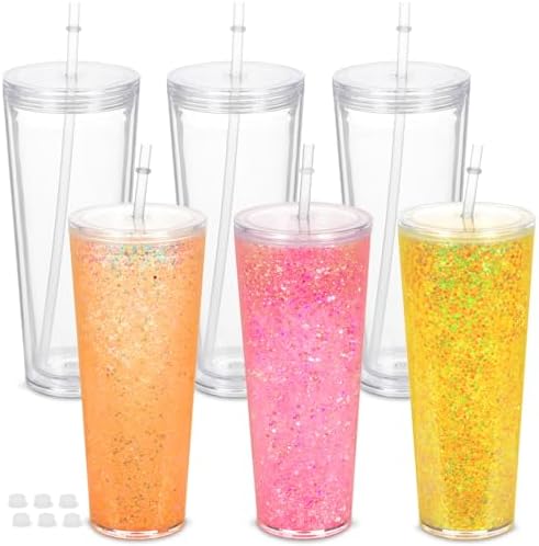 6 Pack 24Oz Acrylic Snow Globe Tumblers, Double Wall with Pre Drilled Hole, Lids, Straws and Plug, Reusable Clear Acrylic Snow Globe Cups for DIY Glitter