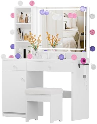 Makeup Vanity Desk with Mirror and Led Lights,Makeup Desk with Lights 3 Colors,Makeup Vanity with 5 Drawers&3 Shelves, Vanity Table with Stool and Power Outlet, Vanity Set for Bedroom,White