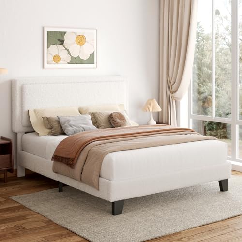 Queen Size Bed Frame, Upholstered Platform Bed Frame with Adjustable Headboard, Soft Boucle Fabric, Modern Style, No Box Spring Required, Easy Assembly, Off-White