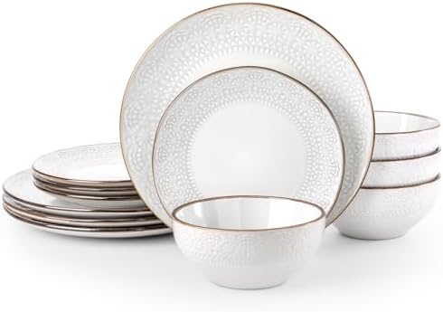 Famiware Eden Plates and Bowls Sets, Stoneware Dinnerware Sets with Gold Trim, 12 Pieces Dishes Set for 4 - Chip and Scratch Resistant, Microwave and Dishwasher Safe, White Floral