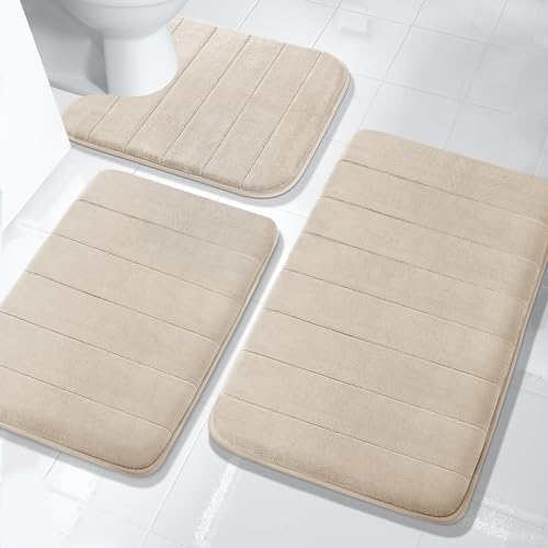 Yimobra Memory Foam Bath Mat Set 3 Pieces- Super Soft Absorbent Quick Dry Bathroom Rug Sets, Machine Washable Non Slip Floor Carpet for Tub Shower, Vanity & Toilet Base, Beige