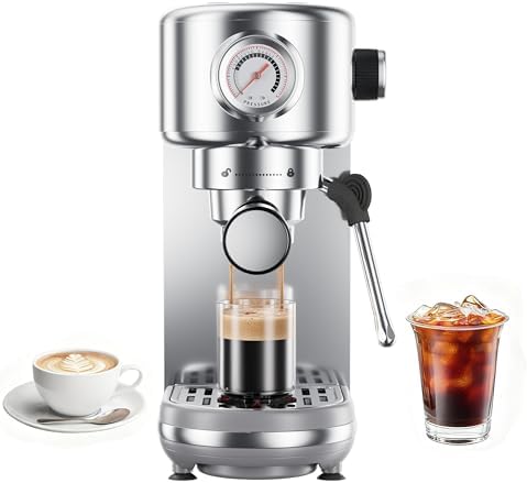 Espresso Machine Upgrade, 20 Bar Compact Espresso Coffee Machine with Milk Frother, Stainless Steel Coffee Maker with 44oz Removable Water Tank & Fast Heat System for Cappuccino, Latte