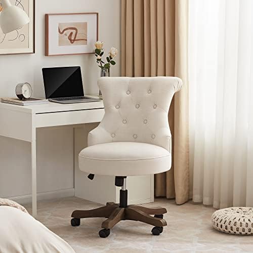 Home Office Chair Adjustable Height Swivel Chair with Wheels Linen Fabric Upholstered Computer Desk Chair with Wooden Legs Comfortable Armless Chair for Home Office Study Studio(Beige)