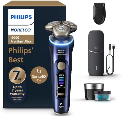 Philips Norelco Shaver i9000 Prestige Ultra, Wet & Dry Electric Shaver, Adriatic, SenseIQ Pro Technology, Triple Lift & Cut System, 360 Rotating NanoTech Precision Blades, Precision Trimmer, XP9401/92