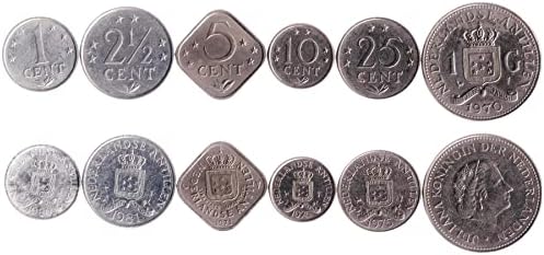 6 Coins from Netherlands Antilles | Netherlands Antillean Coin Set Collection 1 2½ 5 10 25 Cents 1 Gulden | Circulated 1970-1980 | Juliana