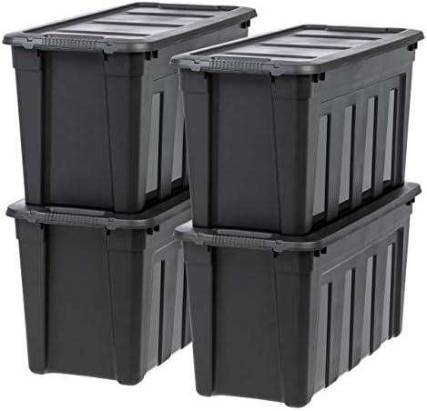 IRIS USA 31 Gallon Heavy Duty Storage Totes with Easy-Grip Handles, 4 Pack - Large Bins with Lids Garage Organizing Tubs, Durable Stackable Utility Containers, Made in USA - Black