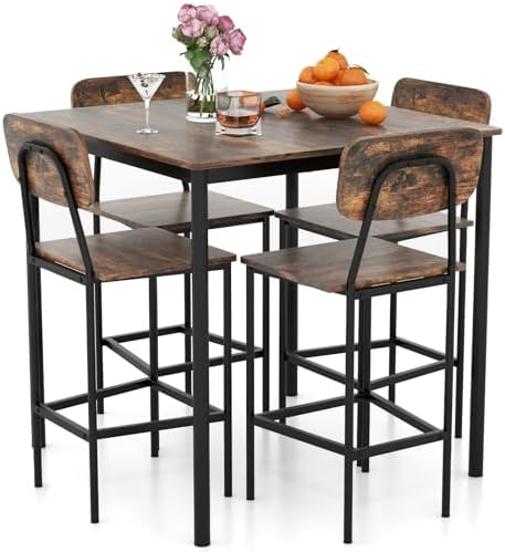 Giantex 5-Piece Dining Table Set W/Counter Height Table & 4 Bar Stools, Industrial Kitchen Dining Set W/Footrest & Backrest, Space-Saving Dinette Set for Pub, Dining Room, Restaurant (Mix Brown)