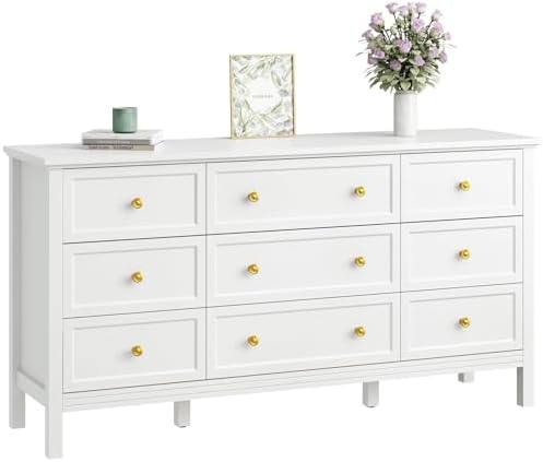 CARPETNAL 9 Drawer White Dresser for Bedroom with Deep Drawers, Large Dressers & Chest of Drawers With Gold Handle, Modern Long Dressers for Closet Bedroom, Living Room (59.25" W x 15.75" D x 30.9" H)