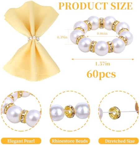60 Pcs Gold Disposable Napkin Rings, Imitation Pearl Napkin Rings Holder Beaded White & Golden Beaded Serviette Buckles for Formal Wedding Dinner Home Decor Party Supplies (Gold, 60 Pcs)