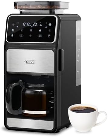 Gevi 10 Cup Drip Coffee Maker with Built-in Grinder, Grind ＆ Brew Burr Combo Coffee Machine with Touch Screen, Programmable, 4-Hour Warm Plate, Permanent Filter, Coffee Carafe