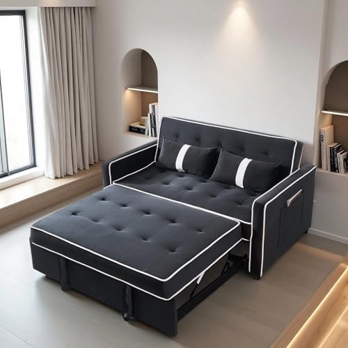 3 in 1 Convertible Sleeper Sofa Bed, Pull Out Couch with Adjustable Backrest, Sofa Bed Couch for Living Room, Home or Office -Loveseat Sofa Includes 2 Pockets and 2 Pillows,54.5"（Black）
