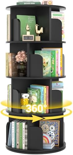 Rotating Bookshelf, Wood Corner Bookshelf, 360 Display Spinning Bookcase Storage Rack, 4 Tier Floor Standing Revolving Bookcase Narrow Book Shelf Organizer for Small Space, Bedroom, Black