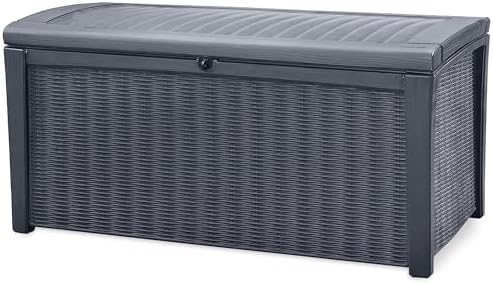 Keter Outdoor Storage Deck Box for Patio, Backyard & Garden, Borneo, 110 Gal, Grey - Lockable, Organizing, and Waterproof Plastic Container Bench