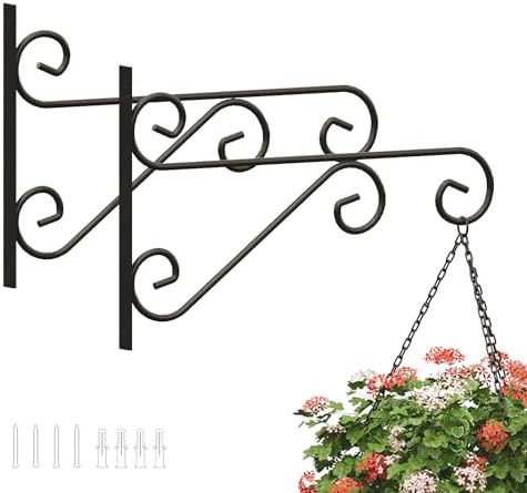 2 Pack 16 Inch Plant Hangers Outdoor Bracket, Indoor Wall Mount Metal Heavy Duty Rust-Resistant Bird Feeder Plant Hooks for Hanging Planters, Flower Baskets, Black