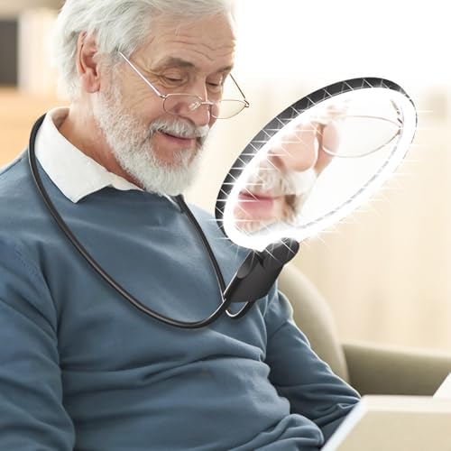 Hands Free Magnifying Glass with Light for Reading, 10X Neck Magnifying Glass with Light for Close Work with Real Glass Lens, Flexible Gooseneck Large Magnifier for Seniors, Low Vision Elderly