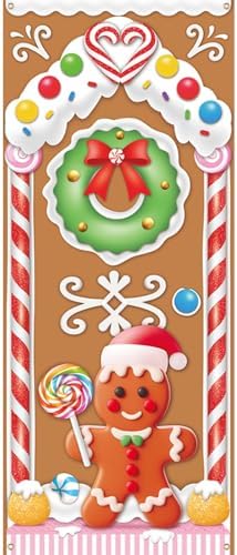 Christmas Gingerbread House Door Cover Decorations - Gingerbread Door Banner for Candyland Party Backdrop Decor Indoor Outdoor, 72×30 Inches