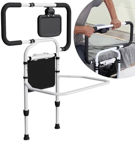 Bed Rails for Elderly Adults Safety, Adjustable Bed Cane for Seniors, Extendable Assist Handle with Side Table, LED Light & Carry Bag, Fits Queen, King, Twin Mattresses (Black + White)
