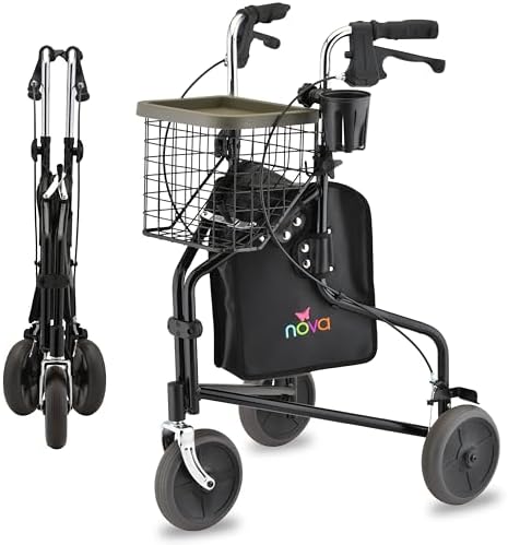 Nova Joy Traveler Folding 3 Wheel Walker with Tray, Basket and Pouch - Lightweight Mobility Aid for Seniors - 8 Inch Wheels - Essential for Tight Spaces and Travel - Black