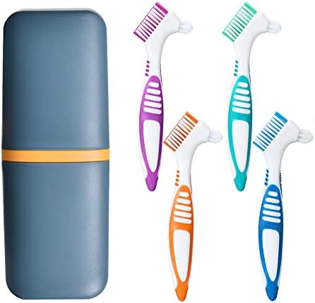 4Pcs Denture Brushes with Carrying Case, Hard Double Sided Denture Cleaning Brush Heads for False Teeth Cleaning