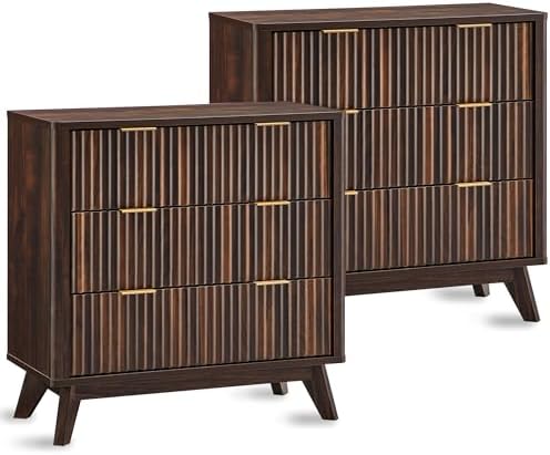 T4TREAM 32" Tall Fluted Nightstand Set of 2, Modern Side Table, 3 Drawers End Table w/Storage, Bedside Table for Bedroom, Living Room, Curved Profile Design, Dark Walnut