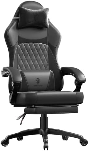 Dowinx Gaming Chair with Pocket Spring Cushion, Ergonomic Computer Chair with Massage Lumbar and Footrest for Adults, High Back Game Chair Leather for Office Gaming 300LBS, All White (Black)